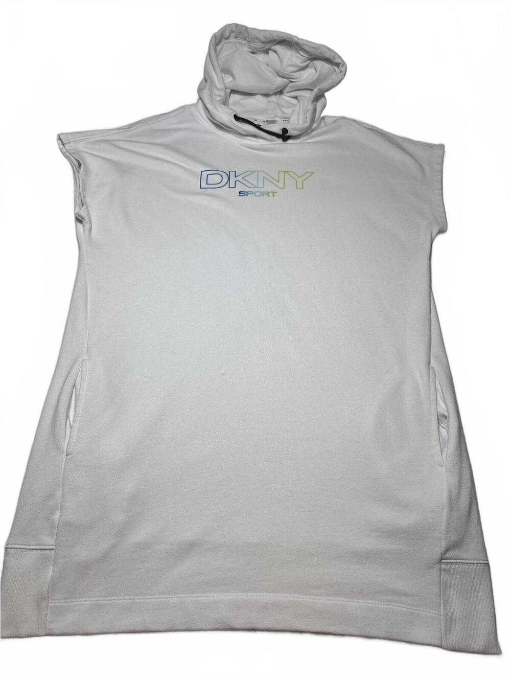 DKNY Sport White Sleeveless Hoodie Dress with Drawstring Hood, Size XL